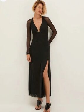 Caroline Constas coversBlack Long Sleeve mesh V-Neck Maxi with Side Slit